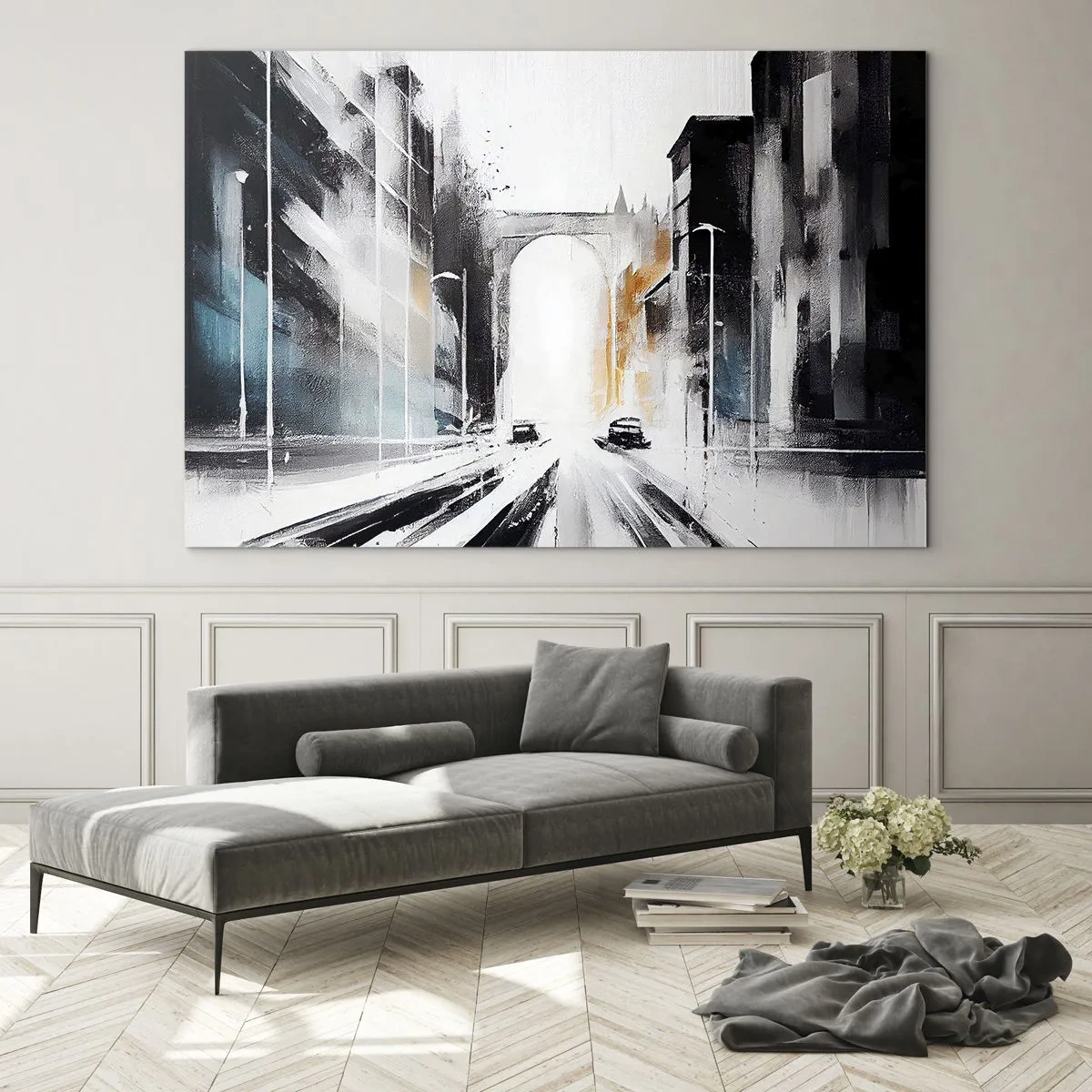 Impression sur verre - Image sur verre - Une rue de ville dynamique avec des voitures et une arche en arrière-plan dans un style pictural. - 70x50cm - Étude de ville : architecture et mouvement