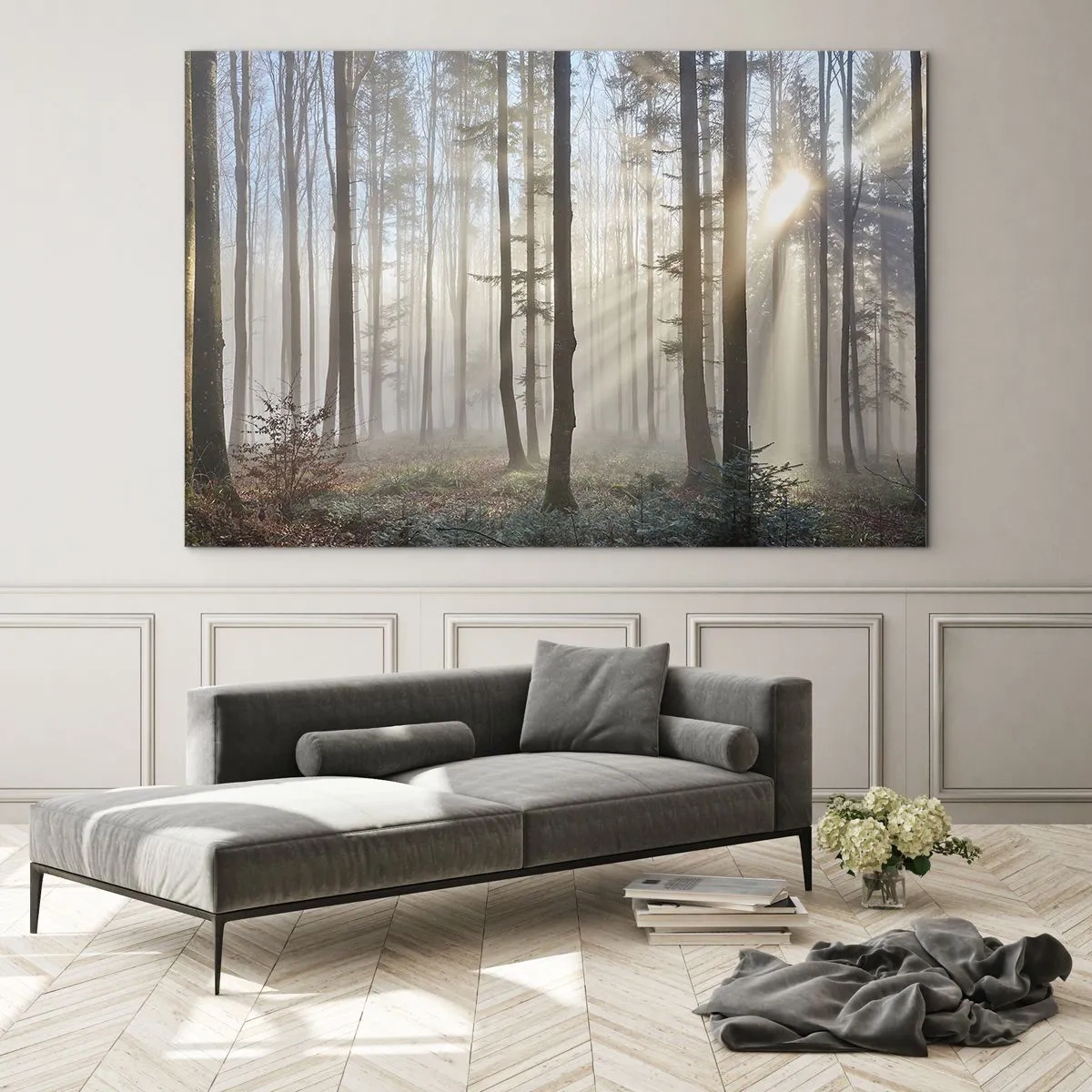 Impression sur verre - Image sur verre - Les rayons du soleil du matin pénètrent la forêt brumeuse - 70x50cm - Le brouillard s'est aussi réveillé - Décoration murale moderne pour le salon et la chambre ARTTOR