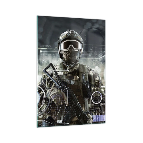 Impression sur verre - Image sur verre - Un soldat portant un casque futuriste avec une arme à feu en arrière-plan de la technologie. - 70x100cm - Puissance sans limite - Décoration murale moderne pour le salon et la chambre ARTTOR