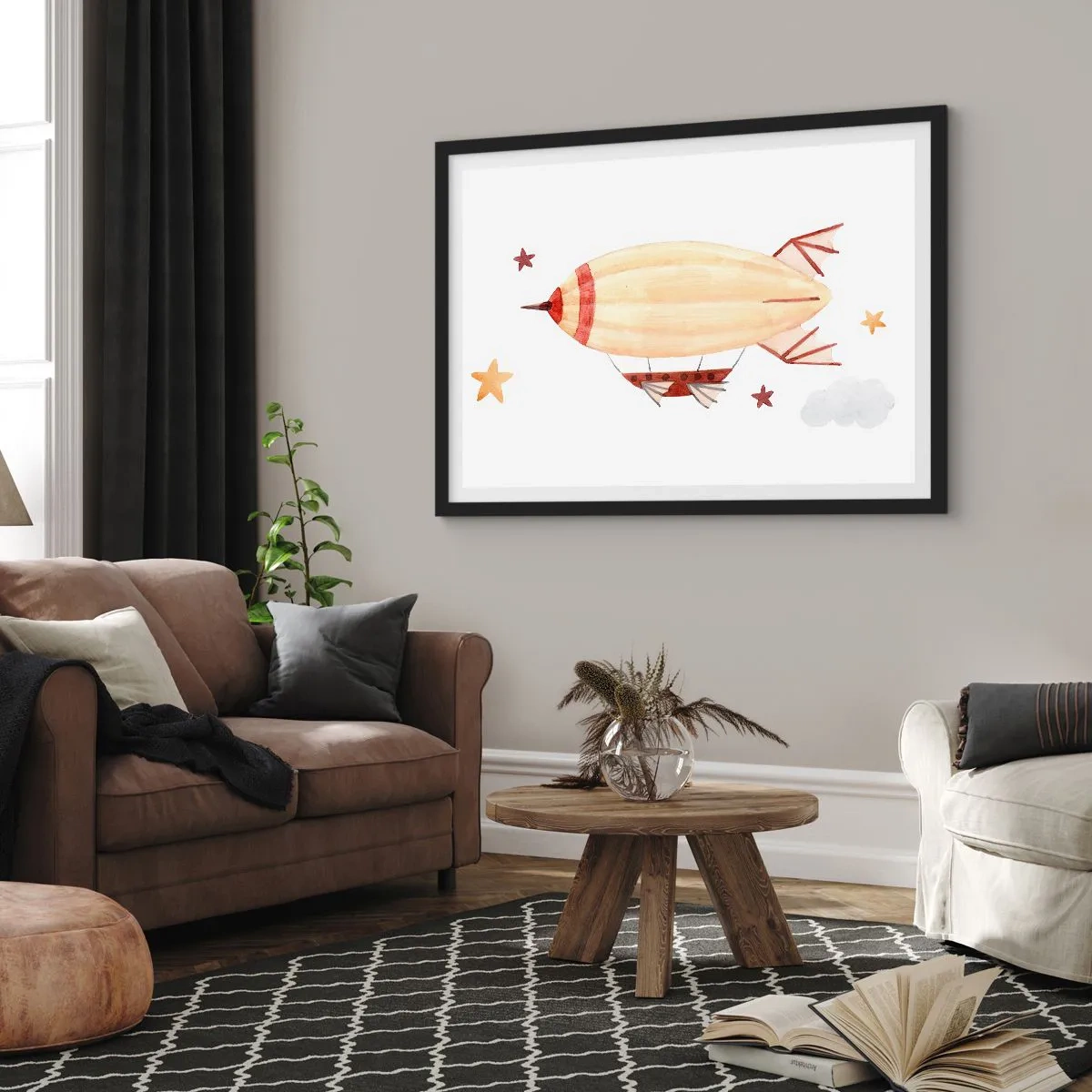 Affiche dans un cadre noir - Poster - Un dirigeable peint à la main sur fond d'étoiles - 70x50cm - Dirigeable - Décoration murale moderne pour le salon et la chambre ARTTOR
