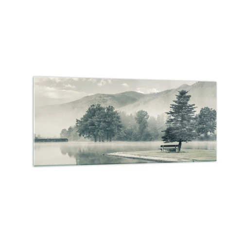 Impression sur verre - Image sur verre - Un lac pittoresque avec un banc et du brouillard en arrière-plan - 120x50cm - Le lac dort encore - Décoration murale moderne pour le salon et la chambre ARTTOR