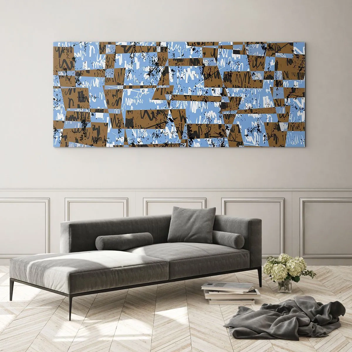 Impression sur verre - Image sur verre - Une composition abstraite de rectangles dans des tons de marron et de bleu. - 160x50cm - Une découpe non humaine - Décoration murale moderne pour le salon et la chambre ARTTOR