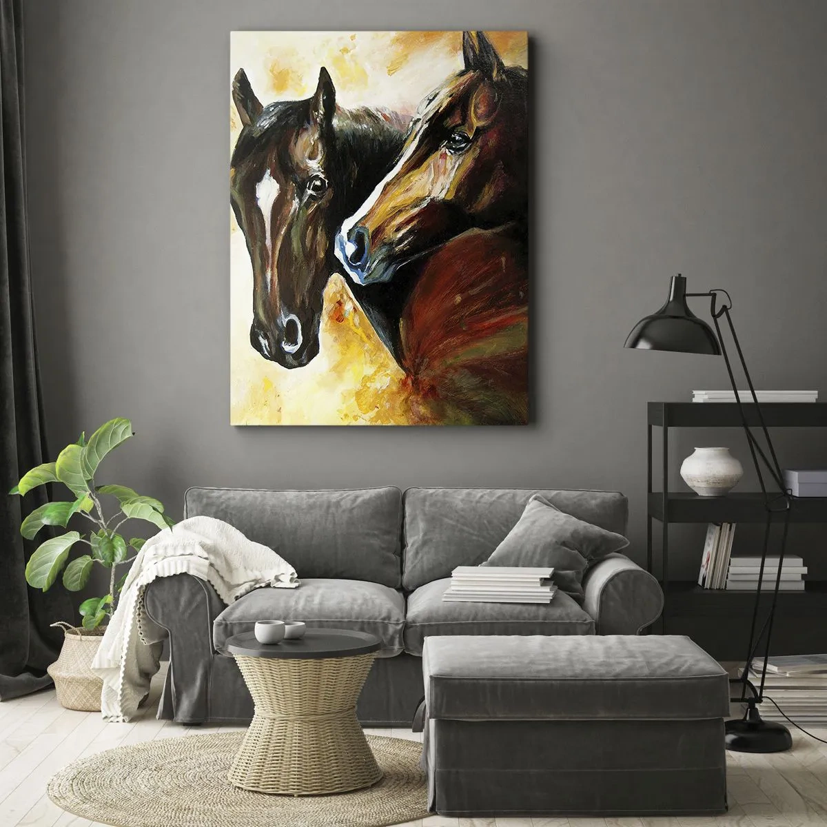 Impression sur toile - Image sur toile - Une paire de chevaux dans une composition picturale - 50x70cm - Deux fois plus gracieux - Décoration murale moderne pour le salon et la chambre ARTTOR
