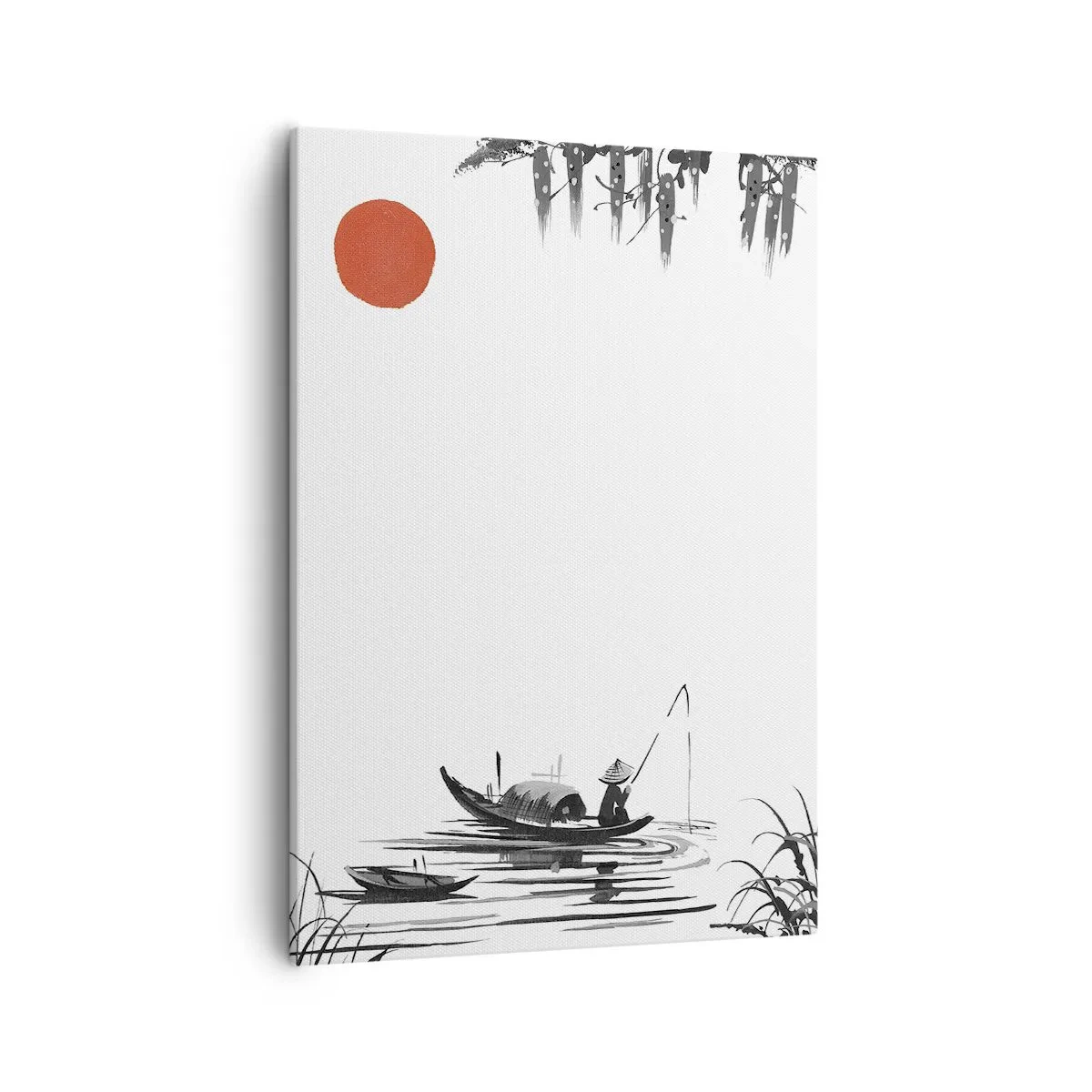 Impression sur toile - Image sur toile - Paysage oriental avec un pêcheur sur un bateau et un soleil rouge - 50x70cm - Après-midi asiatique - Décoration murale moderne pour le salon et la chambre ARTTOR