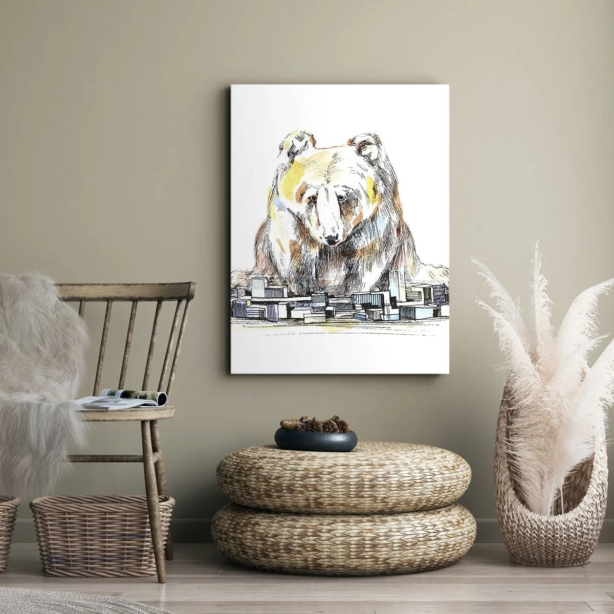 Impression sur toile - Image sur toile - Illustration d'un ours avec des détails et des blocs colorés - 50x70cm - Comment peut-on vivre ainsi ? - Décoration murale moderne pour le salon et la chambre ARTTOR