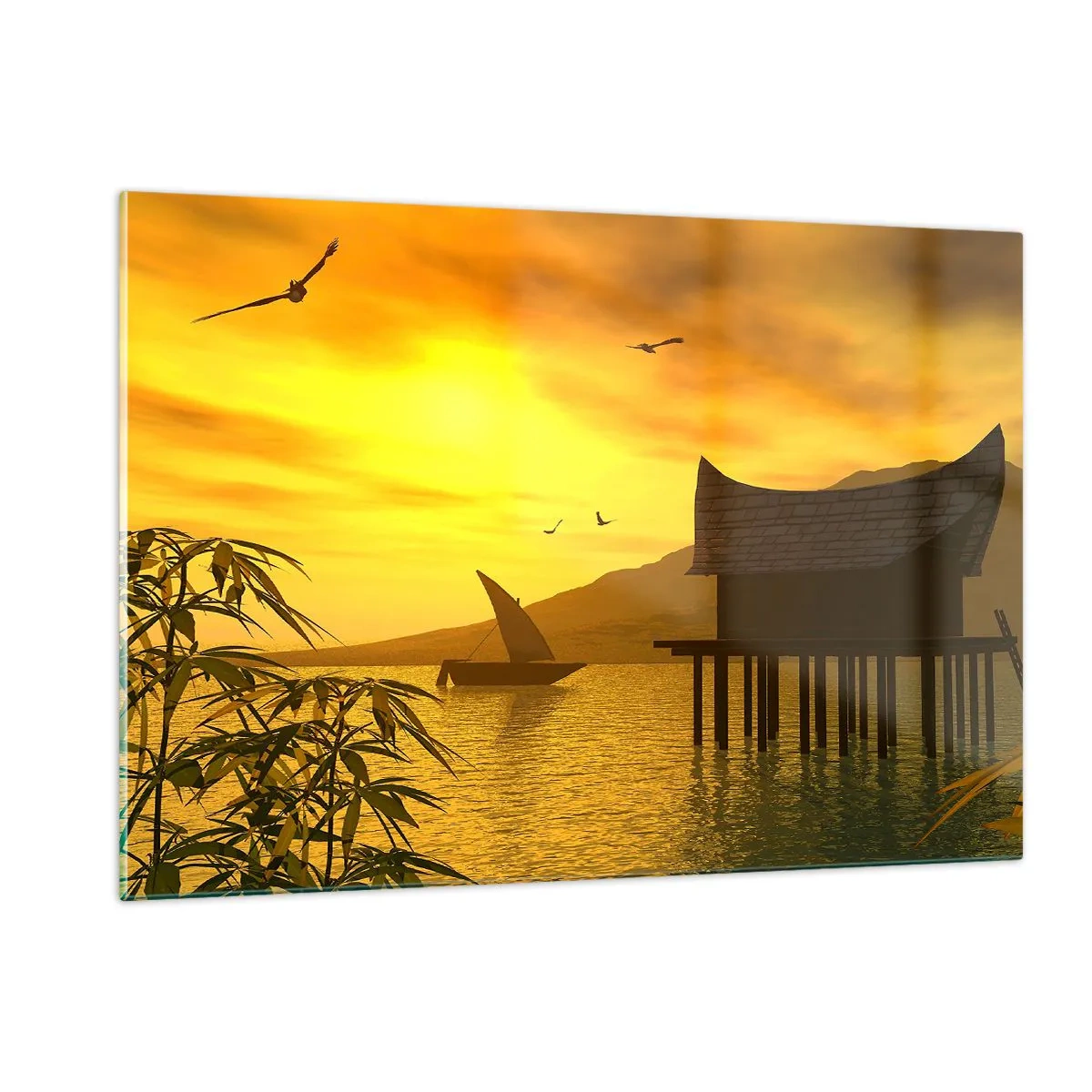 Impression sur verre - Image sur verre - Coucher de soleil sur le lac avec une maison sur pilotis - 120x80cm - La paix tant désirée - Décoration murale moderne pour le salon et la chambre ARTTOR