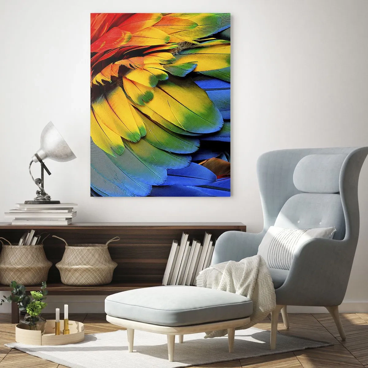 Impression sur verre - Image sur verre - Gros plan des plumes colorées d'un perroquet - 70x100cm - Oiseau de paradis - Décoration murale moderne pour le salon et la chambre ARTTOR