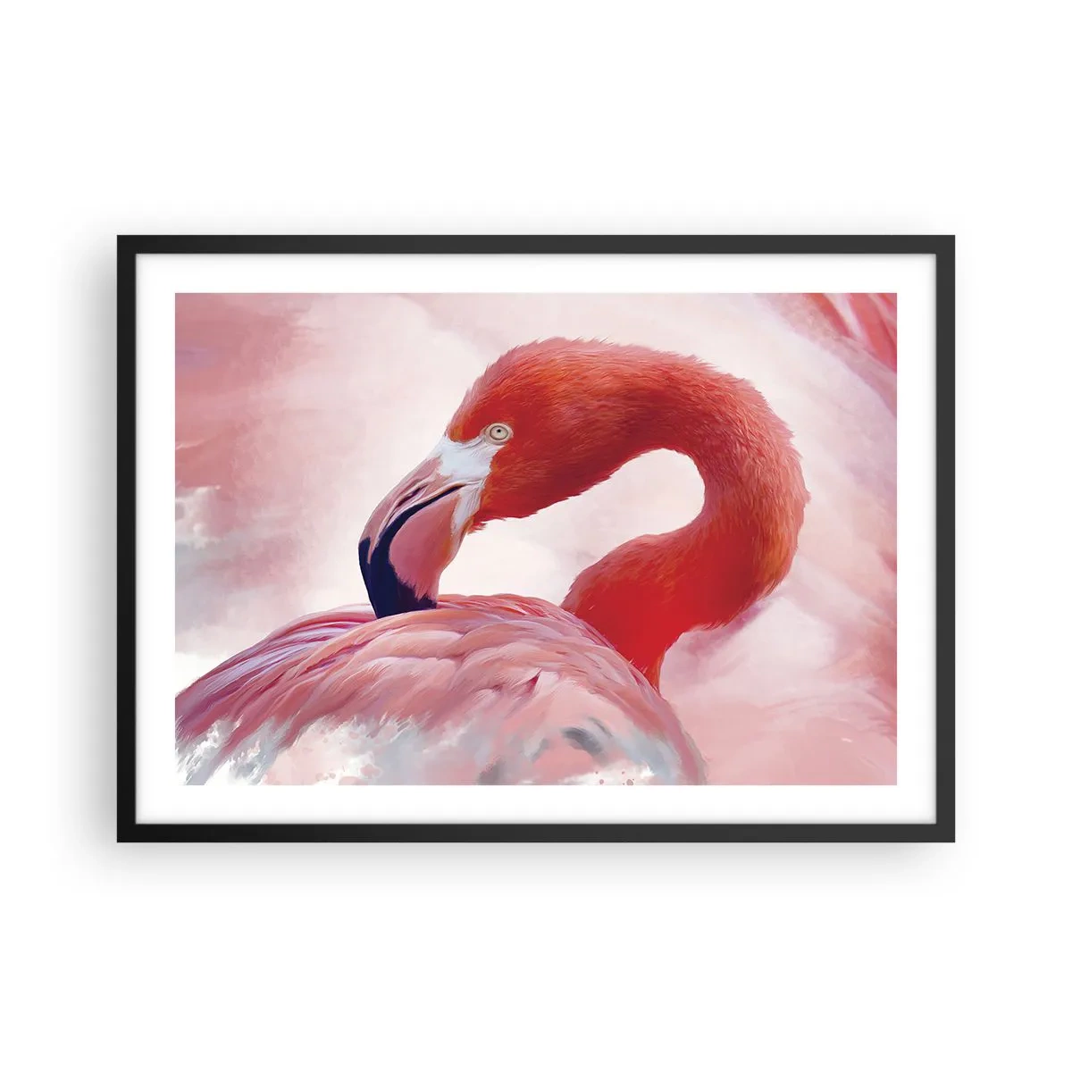 Affiche dans un cadre noir - Poster - Un flamant rose aux tons roses sur fond clair - 70x50cm - Beauté des oiseaux - Décoration murale moderne pour le salon et la chambre ARTTOR