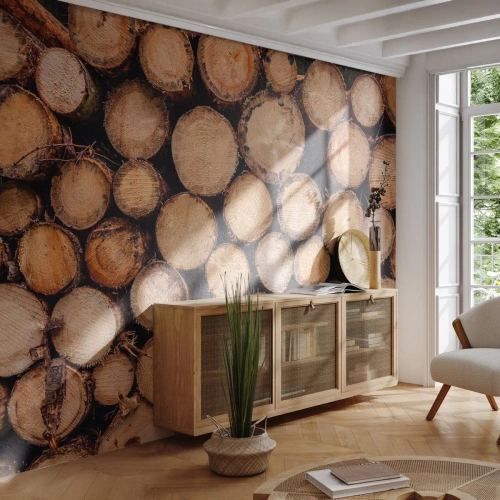 Papier Peint Photo Premium Sand - Troncs d'arbres disposés en coupe transversale - 100x70cm - Nouveau commencement - Décoration murale moderne pour le salon et la chambre ARTTOR