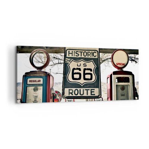 Impression sur toile - Image sur toile - Station-service historique de la Route 66 - 120x50cm - Voyage rétro américain - Décoration murale moderne pour le salon et la chambre ARTTOR