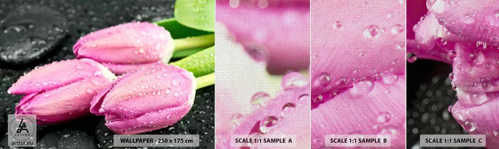 Échantillon de Papier Peint Premium Canvas - Lilas trois sur une pierre noire - Fleurs, Tulipes, Bouquet de fleurs - 100x30 cm