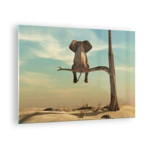 Impression sur verre - Image sur verre - Un éléphant sur une branche d'arbre dans un décor surréaliste - 70x50cm - Nouveau point de vue - Décoration murale moderne pour le salon et la chambre ARTTOR