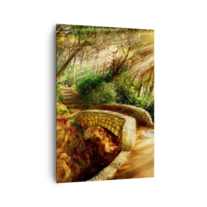 Impression sur toile - Image sur toile - Paysage forestier avec des rayons de soleil et un pont de pierre - 70x100cm - Directement du pont dans une forêt de conte de fées - Décoration murale moderne pour le salon et la chambre ARTTOR