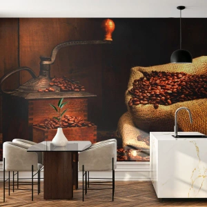 Papier Peint Autocollant Deluxe Sticker - Nature morte avec grains de café et moulin - La gastronomie, Café, Moulin à café - 450x315 cm