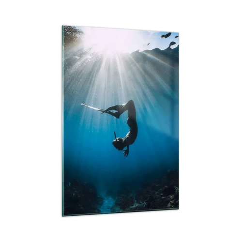Impression sur verre - Image sur verre - Un plongeur flottant dans un faisceau de lumière sous l'eau - 80x120cm - Dans sous-marine - Décoration murale moderne pour le salon et la chambre ARTTOR