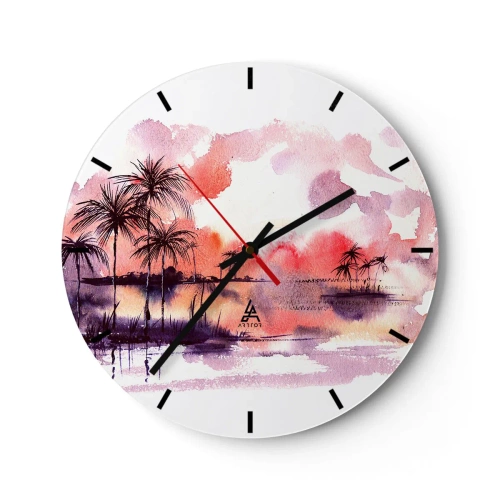 Horloge murale - Pendule murale - Paysage aquarelle avec palmiers au coucher du soleil - 30x30cm - La tranquillité des tropiques en rouge - Décoration murale moderne pour le salon, la cuisine et la chambre ARTTOR