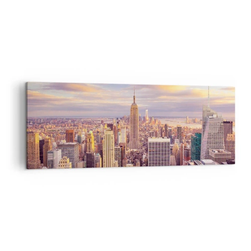 Impression sur toile - Image sur toile - Panorama d'une ville moderne avec des gratte-ciel au coucher du soleil - 140x50cm - Atteindre les nuages