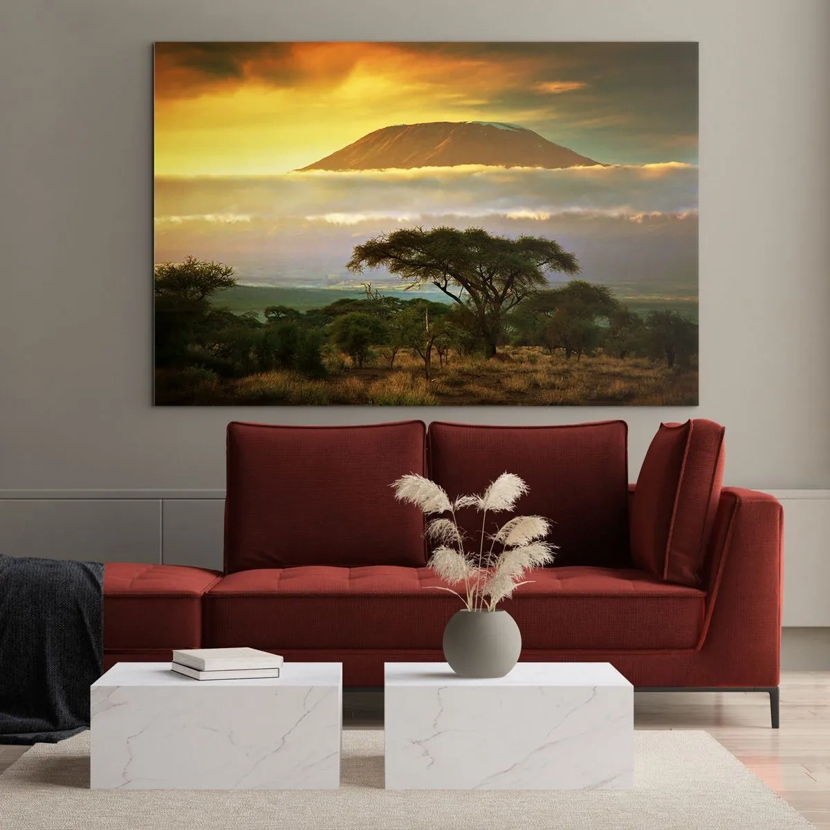 Impression sur verre - Image sur verre - Le mont Kilimandjaro entouré de nuages sur fond de savane africaine - 100x70cm - Un rêve de voyageur - Décoration murale moderne pour le salon et la chambre ARTTOR