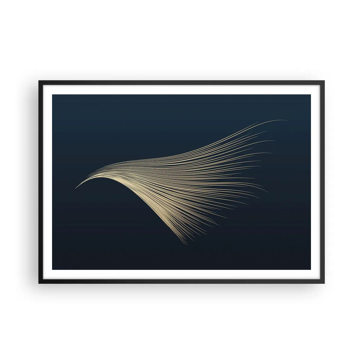 Affiche dans un cadre noir - Poster - Une ligne délicate en forme de plume sur un fond bleu marine - 100x70cm - Comme les cheveux d'un ange - Décoration murale moderne pour le salon et la chambre ARTTOR