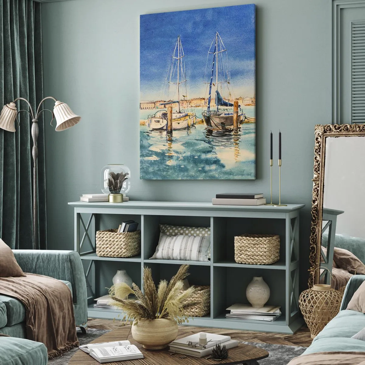 Impression sur toile - Image sur toile - Marina avec bateaux sur fond de lagon bleu - 50x70cm - Lagune ensoleillée - Décoration murale moderne pour le salon et la chambre ARTTOR