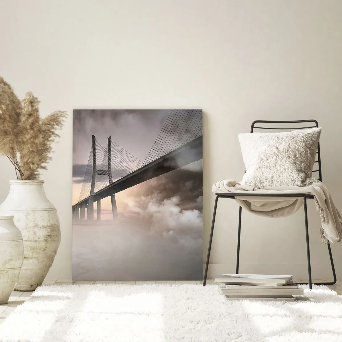 Impression sur verre - Image sur verre - Un pont sur une rivière entouré de brouillard le matin - 80x120cm - Sur la rivière qui n'existe pas - Décoration murale moderne pour le salon et la chambre ARTTOR