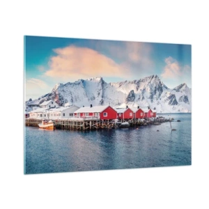 Impression sur verre - Image sur verre - Chalets de pêcheurs rouges sur le fjord avec les montagnes en arrière-plan - 100x70cm - Retraite dans le nord - Décoration murale moderne pour le salon et la chambre ARTTOR