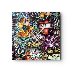 Horloge murale - Pendule murale - Œuvre d'art colorée de style tatouage avec des crânes et des motifs nautiques - 30x30cm - Le rêve du tatoueur - Décoration murale moderne pour le salon et la chambre ARTTOR