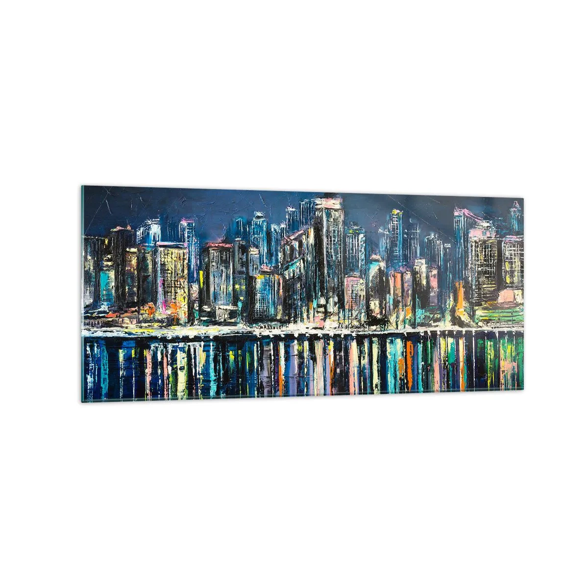 Impression sur verre - Image sur verre - Panorama de la ville nocturne reflétée dans l'eau - 120x50cm - Cascade de lumières - Décoration murale moderne pour le salon et la chambre ARTTOR