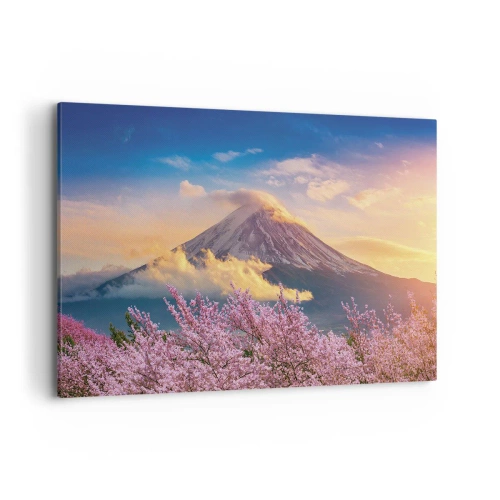 Impression sur toile - Image sur toile - Mont Fuji avec des cerisiers en fleurs en arrière-plan au coucher du soleil - 100x70cm - Sainteté japonaise - Décoration murale moderne pour le salon et la chambre ARTTOR