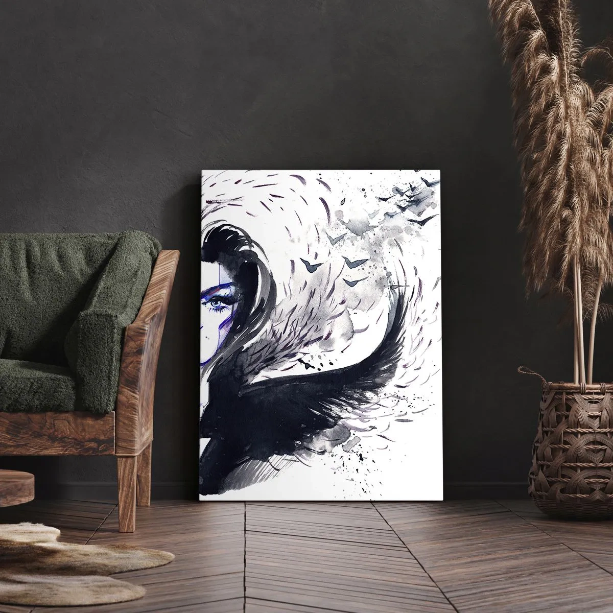 Impression sur toile - Image sur toile - Visage abstrait avec des éléments contrastés et un motif d'aile - 70x100cm - Démoniaque et belle - Décoration murale moderne pour le salon et la chambre ARTTOR