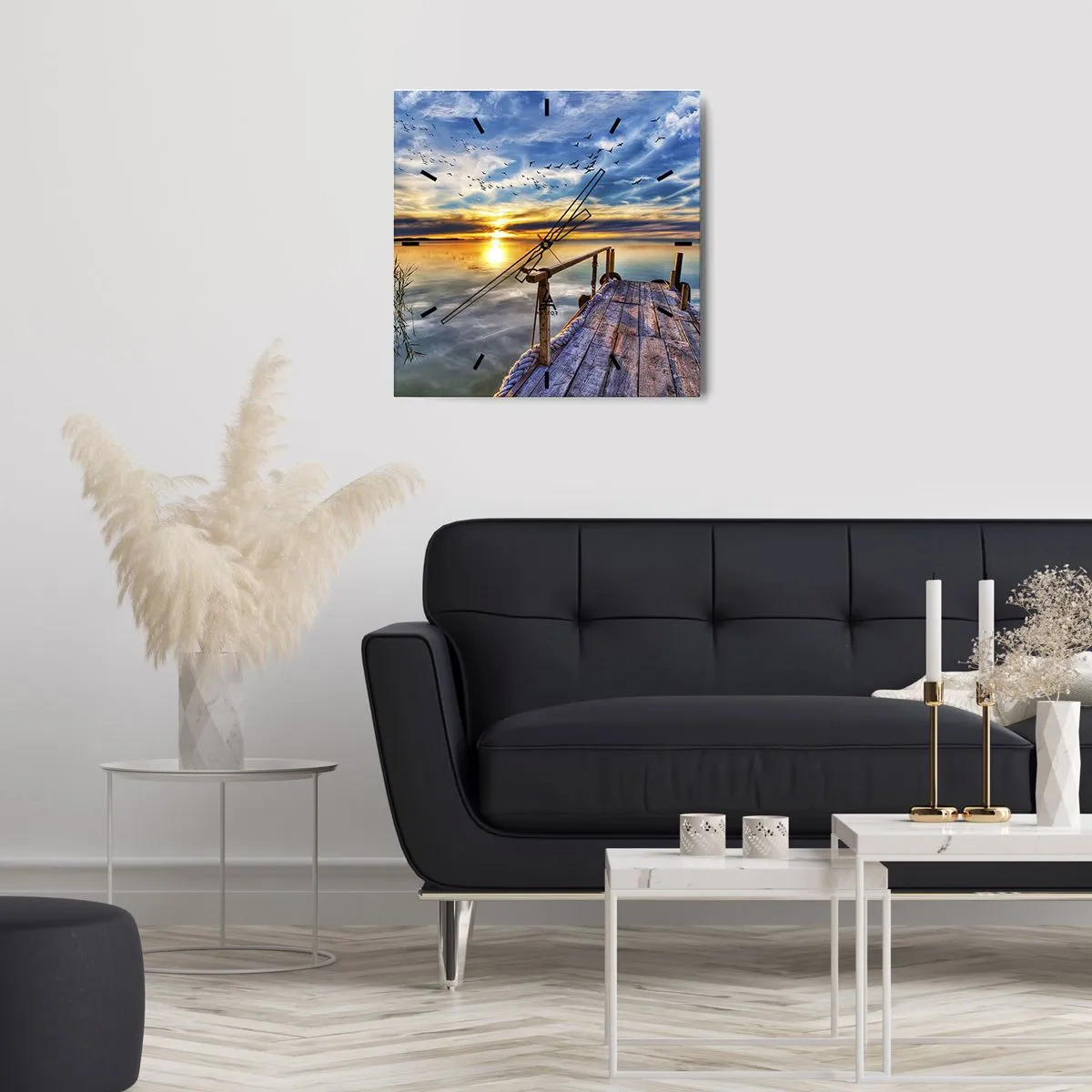 Horloge murale - Pendule murale - Jetée en bois sur le lac au coucher du soleil - 30x30cm - Le vent se repose - Décoration murale moderne pour le salon et la chambre ARTTOR