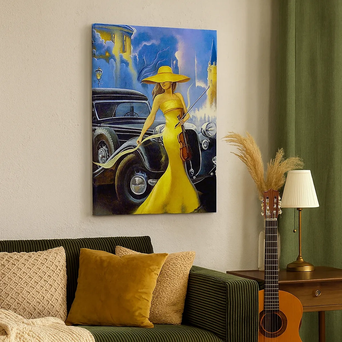 Impression sur toile - Image sur toile - Une femme en robe jaune avec un violon à côté d'une voiture rétro. - 50x70cm - Nocturne pour violon et amour - Décoration murale moderne pour le salon et la chambre ARTTOR