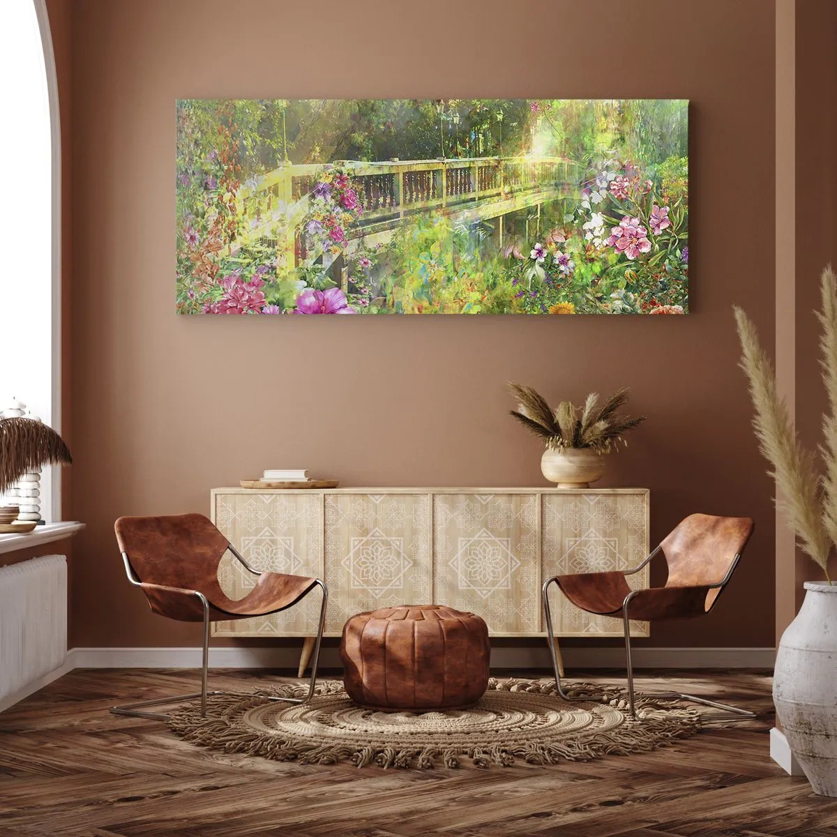 Impression sur toile - Image sur toile - Un pont entouré d'une végétation luxuriante et de fleurs - 160x50cm - Le soupire d'un pont de printemps - Décoration murale moderne pour le salon et la chambre ARTTOR