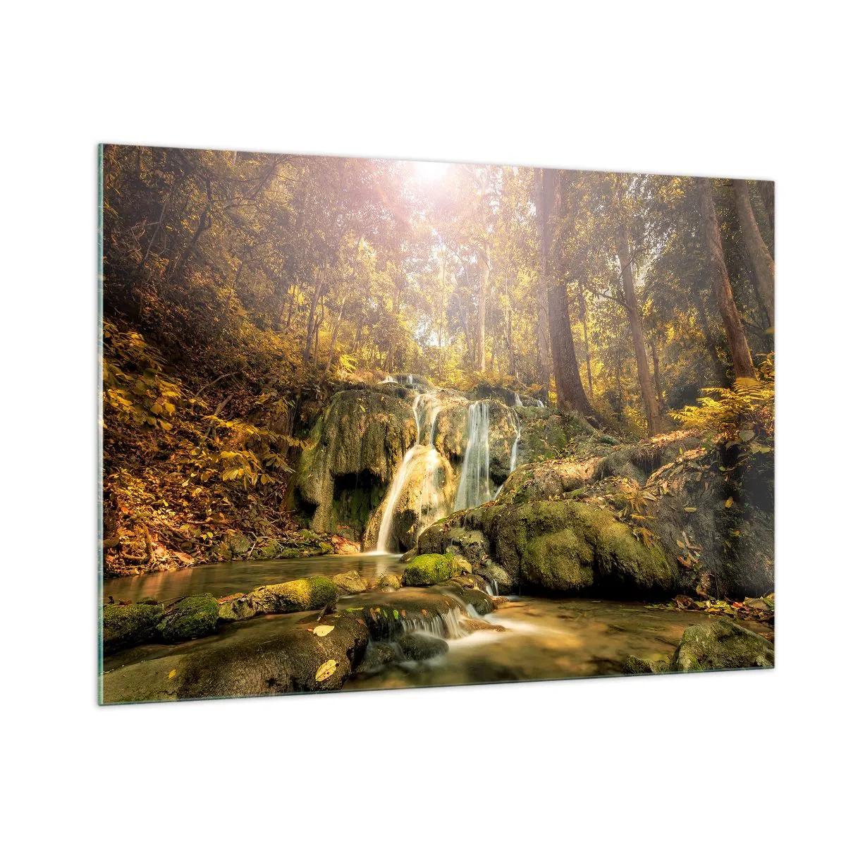 Impression sur verre - Image sur verre - Cascade forestière dans la verdure - 100x70cm - Cascade de forêt en vert - Décoration murale moderne pour le salon et la chambre ARTTOR