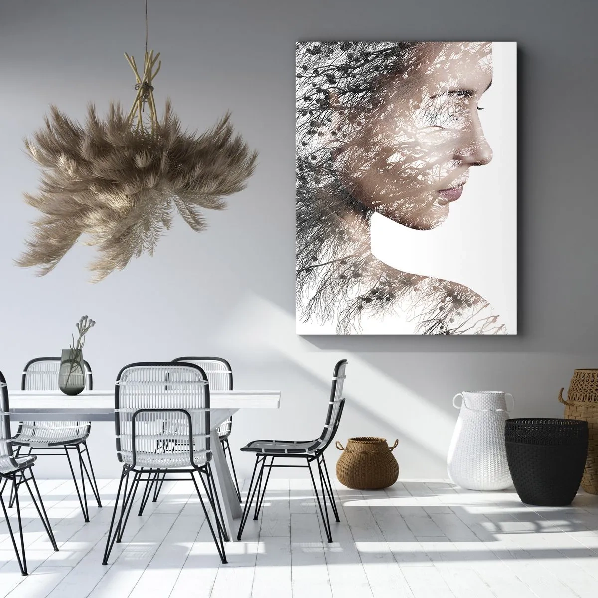 Impression sur toile - Image sur toile - Silhouette d'une femme avec un motif de branche et d'oiseau en arrière-plan - 80x120cm - L'âme de la forêt - Décoration murale moderne pour le salon et la chambre ARTTOR