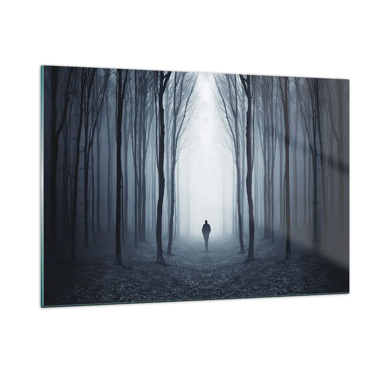 Impression sur verre - Image sur verre - Une silhouette dans une forêt sombre avec du brouillard en arrière-plan - 120x80cm - Tout est simple et clair - Décoration murale moderne pour le salon et la chambre ARTTOR