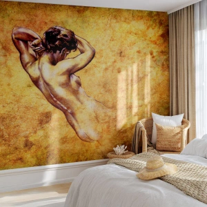 Papier Peint Photo Premium Sand - Dessin vintage d'une femme nue sur fond doré - 100x70cm - Découverte, mais toujours mystèrieuse - Décoration murale moderne pour le salon et la chambre ARTTOR