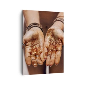Impression sur toile - Image sur toile - Gros plan des mains avec des paillettes dans des tons chauds - 50x70cm - Un don pour vous - Décoration murale moderne pour le salon et la chambre ARTTOR