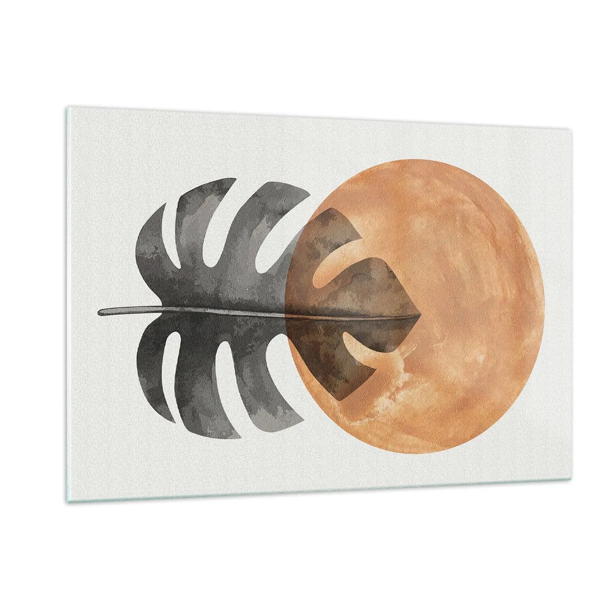 Impression sur verre - Image sur verre - Feuille de Monstera et cercle orange dans un style graphique sur fond blanc. - 120x80cm - Toujours le soleil - Décoration murale moderne pour le salon et la chambre ARTTOR
