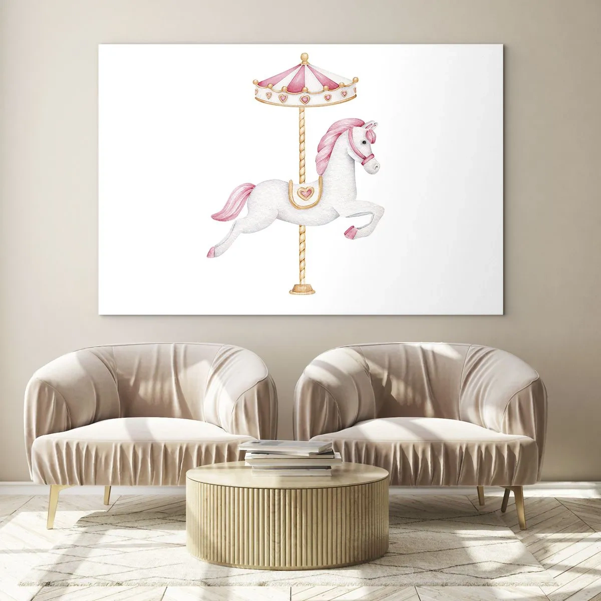 Impression sur verre - Image sur verre - Cheval de carrousel rose et blanc sur fond blanc - 120x80cm - Les sabots en avant - Décoration murale moderne pour le salon et la chambre ARTTOR