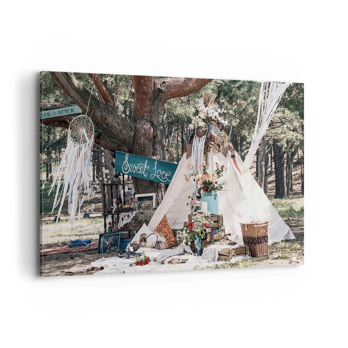 Impression sur toile - Image sur toile - Décoration bohème avec un tipi dans la forêt - 120x80cm - Make love… - Décoration murale moderne pour le salon et la chambre ARTTOR