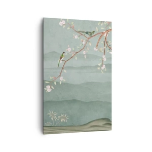 Impression sur toile - Image sur toile - Une image pittoresque d'une branche d'arbre en fleurs avec des oiseaux sur fond de collines verdoyantes. - 80x120cm - Printemps oh c'est toi - Décoration murale moderne pour le salon et la chambre ARTTOR