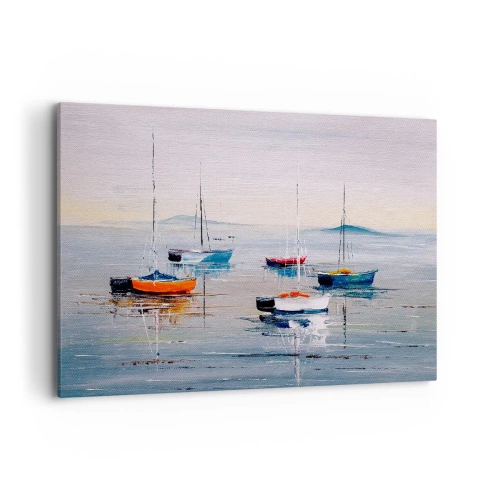 Impression sur toile - Image sur toile - Bateaux colorés sur une eau calme - 120x80cm - Un repos bien mérité - Décoration murale moderne pour le salon et la chambre ARTTOR