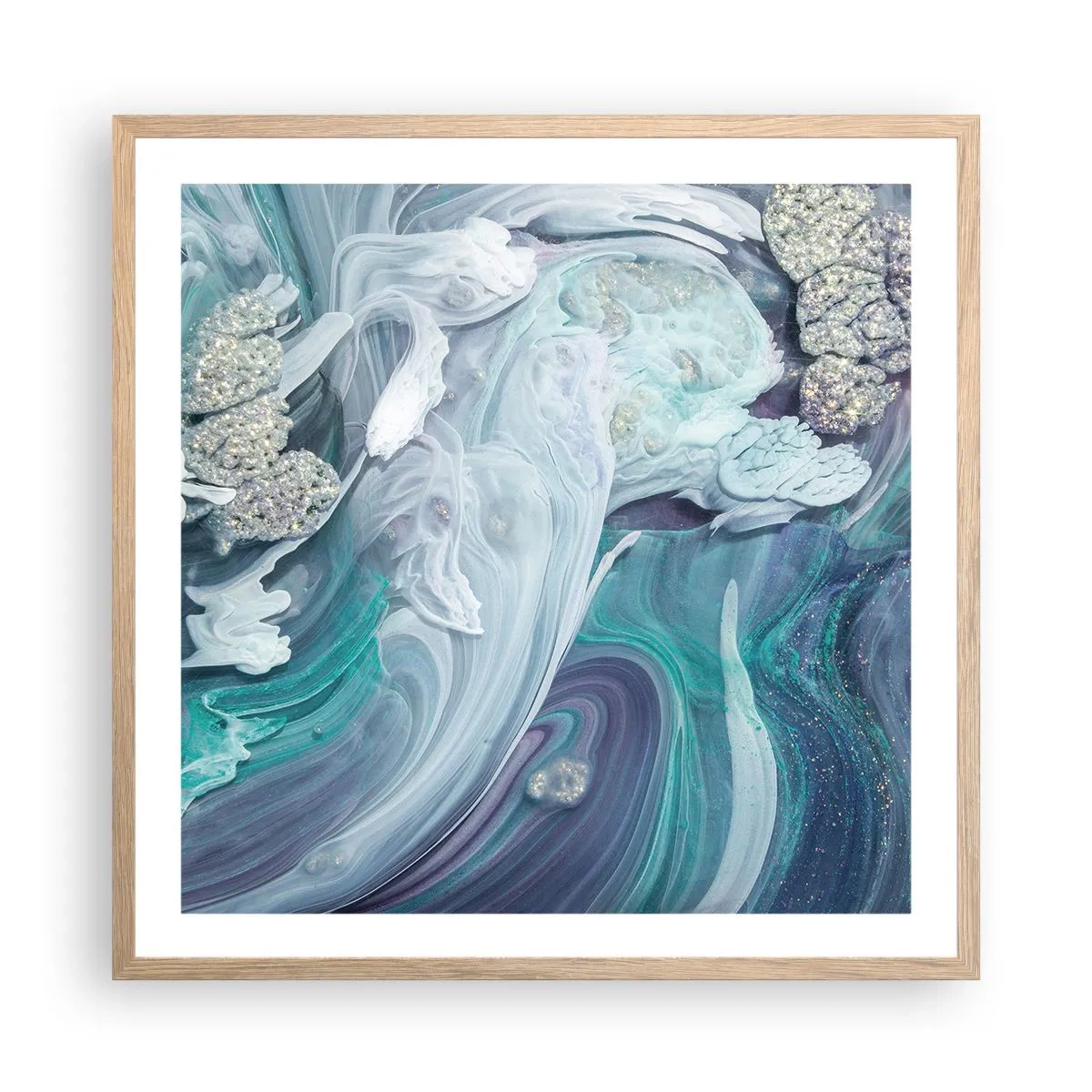 Affiche dans un chêne clair - Poster - Courants bleus - 60x60 cm
