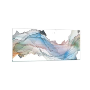 Impression sur verre - Image sur verre - Un paysage subtil avec des montagnes, de l'eau et un bateau - 120x50cm - Vers les montagnes de cristal - Décoration murale moderne pour le salon et la chambre ARTTOR