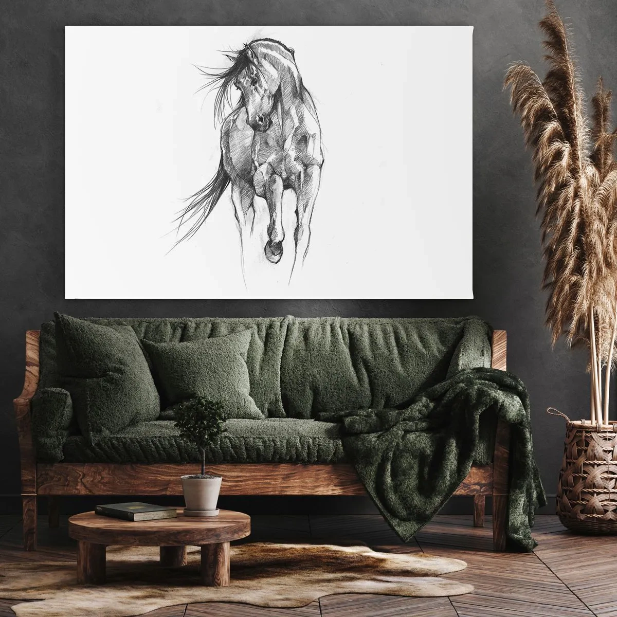 Impression sur toile - Image sur toile - Croquis en noir et blanc d'un cheval au galop - 120x80cm - D'un trot gracieux - Décoration murale moderne pour le salon et la chambre ARTTOR