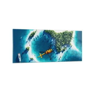 Impression sur verre - Image sur verre - Une île tropicale entourée d'eau turquoise avec un hélicoptère en vue - 120x50cm - Achetez-vous une île - Décoration murale moderne pour le salon et la chambre ARTTOR