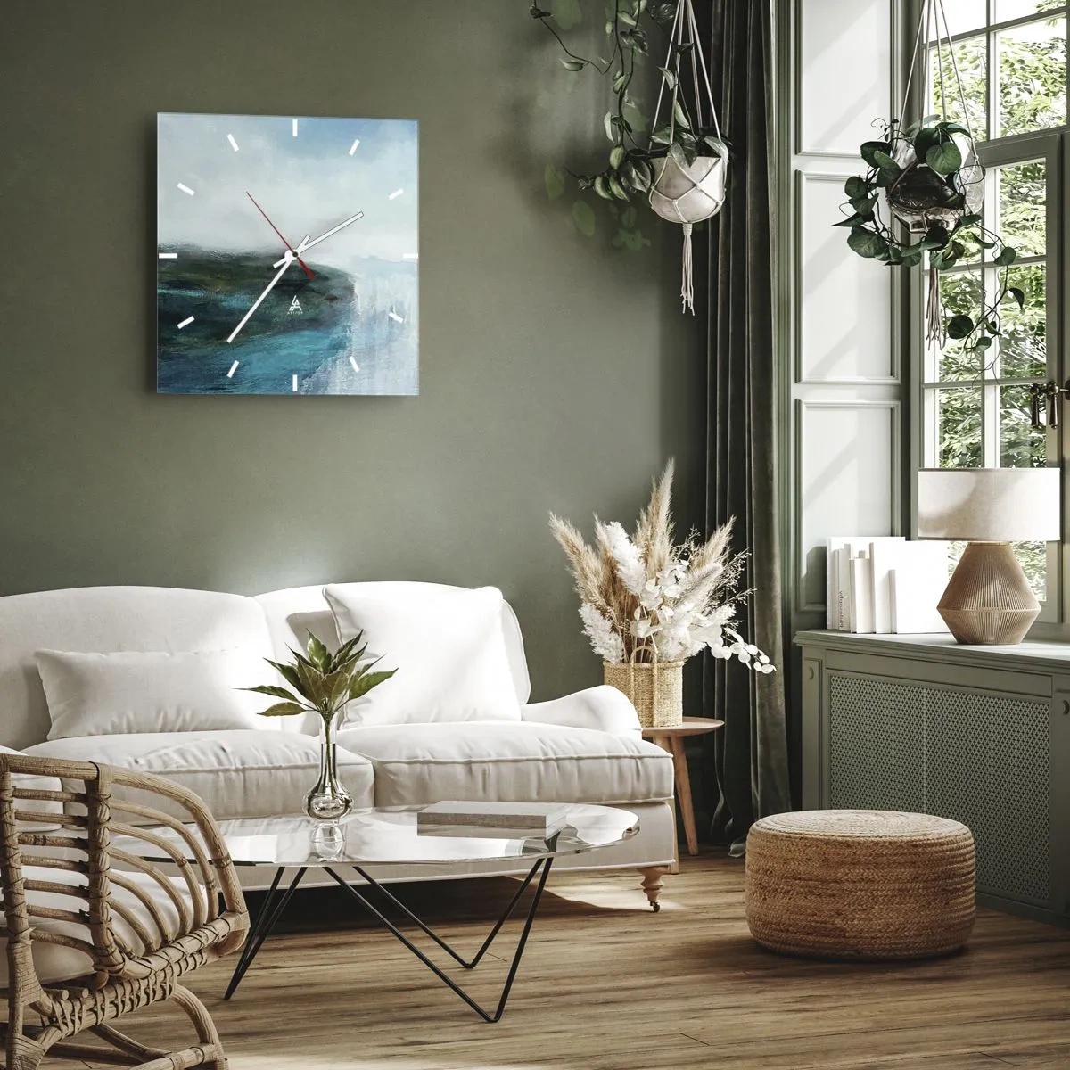 Horloge murale - Pendule murale - Paysage abstrait dans les tons turquoise et gris - 30x30cm - Abstraction nautique - Décoration murale moderne pour le salon et la chambre ARTTOR