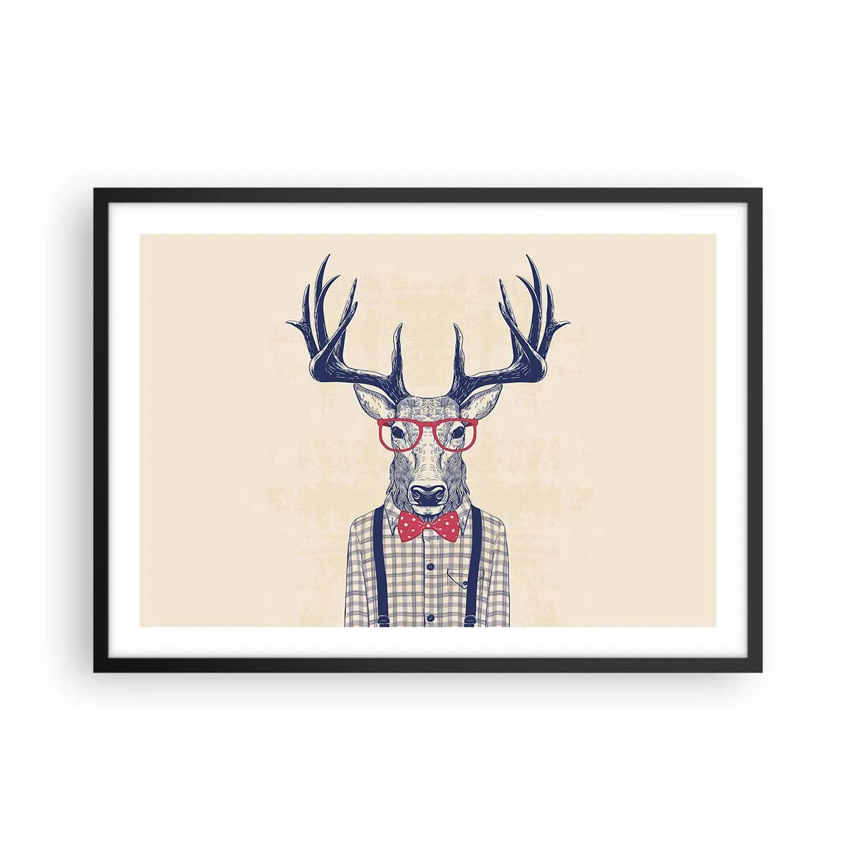 Affiche dans un cadre noir - Poster - Graphique stylisé d'un cerf portant des lunettes et un nœud papillon - 70x50cm - Une extravagance amusante - Décoration murale moderne pour le salon et la chambre ARTTOR