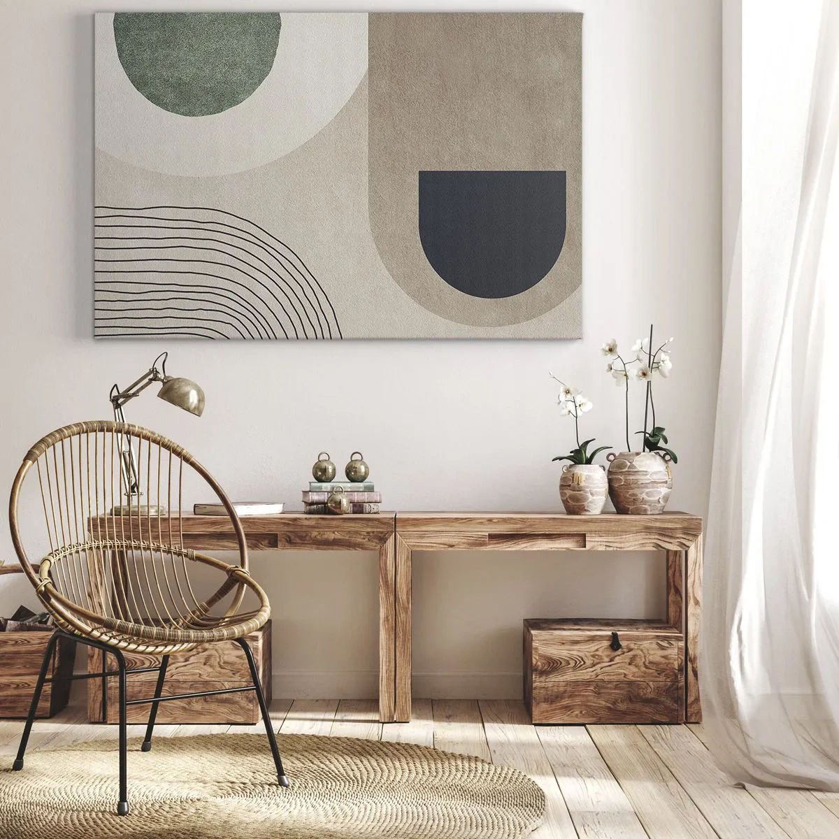 Impression sur toile - Image sur toile - Formes géométriques dans les tons beige et vert - 70x50cm - La douceur de l'ovale - Décoration murale moderne pour le salon et la chambre ARTTOR